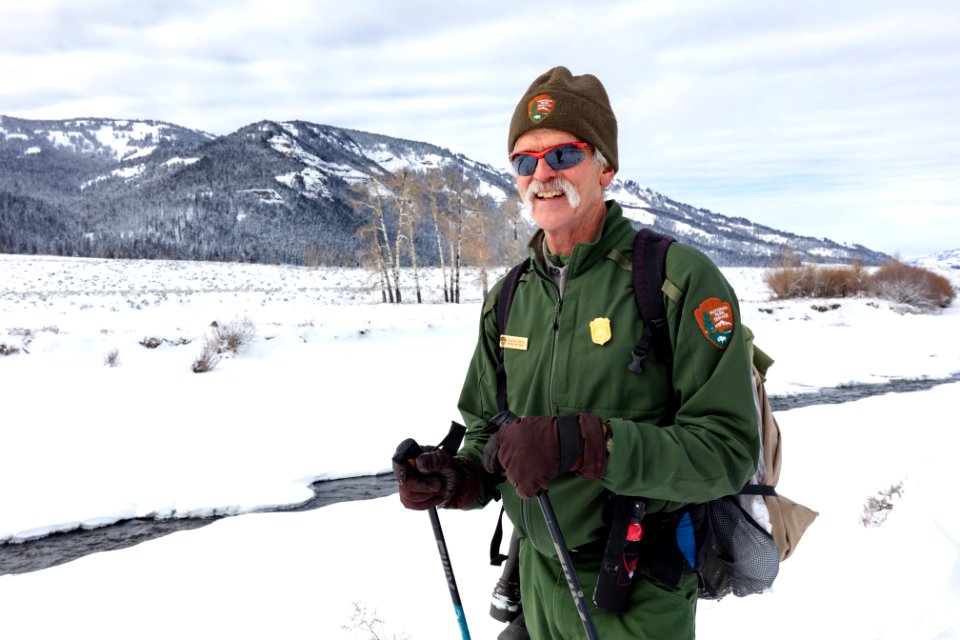 Doug Smith, senior wildlife biologist, on skis in Lamar Valley
