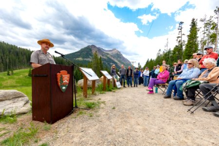 Yellowstone Superintendent Cam Sholly speaks at the Soda Butte Creek ceremony photo
