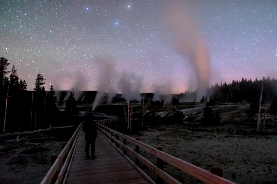 Exploring the boardwalks at night carrying bear spray