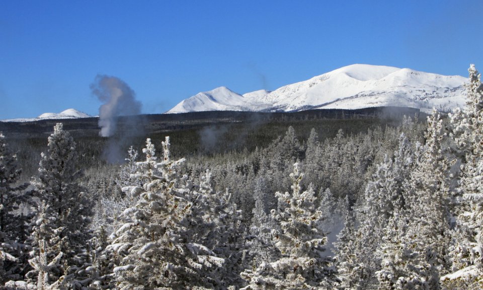 Steam from thermal feature and Mt. Holmes