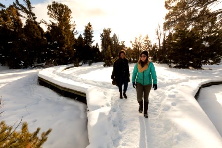 Exploring the Mammoth Hot Springs boardwalks during winter