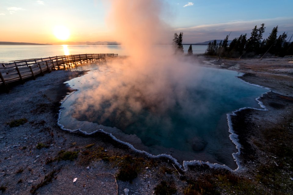 Steaming Black Pool at sunrise