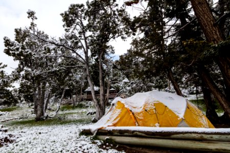 Snowy tent in Mammoth Campground