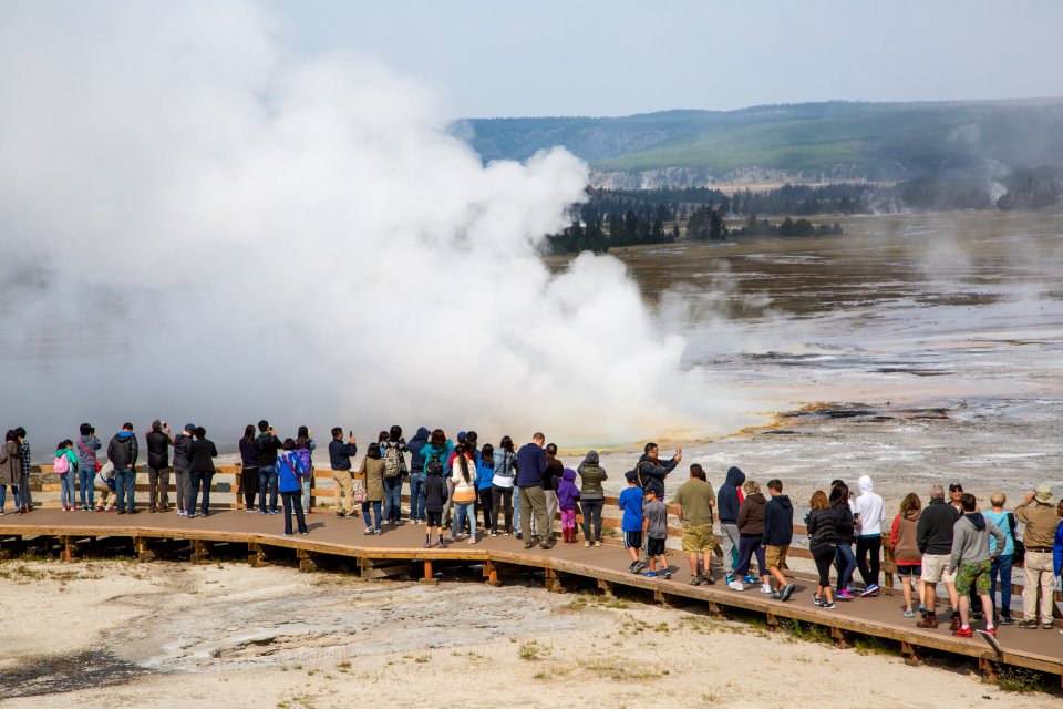 Crowded boardwalk in the Lower Geyser Basin