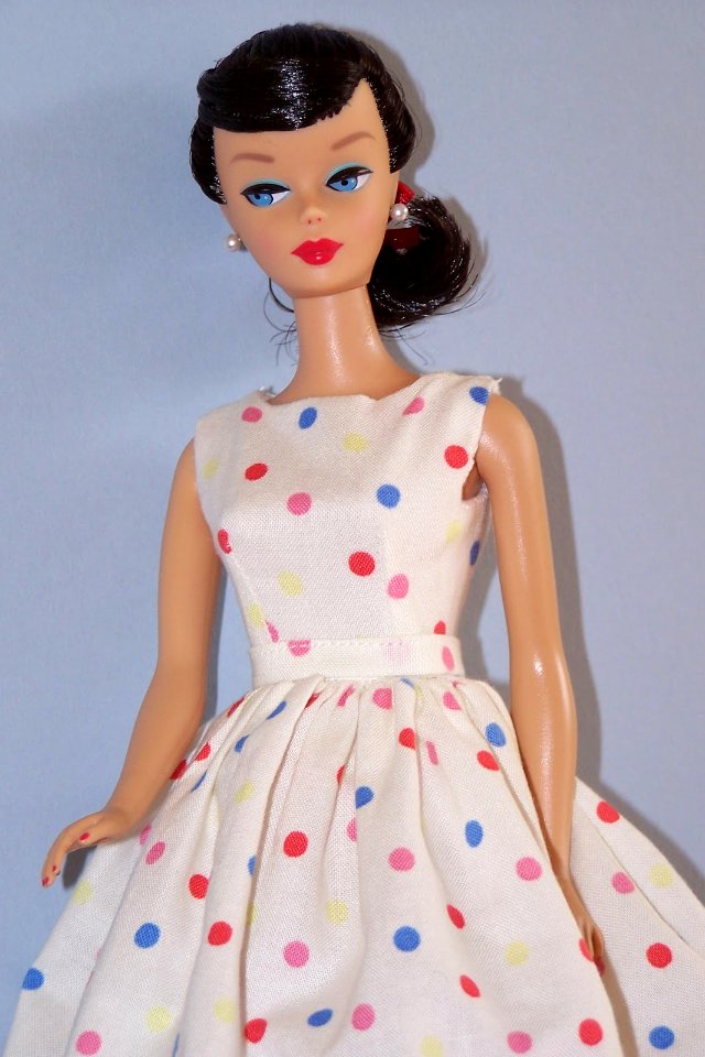 Vintage Barbie's New Dress  black hair ponytail white n pastel polka dots
