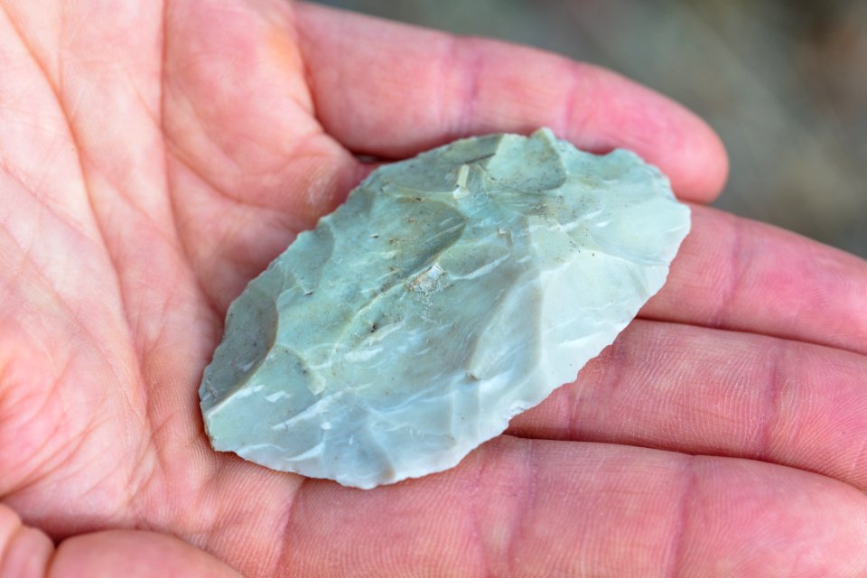 Stone lithic (biface) in hand