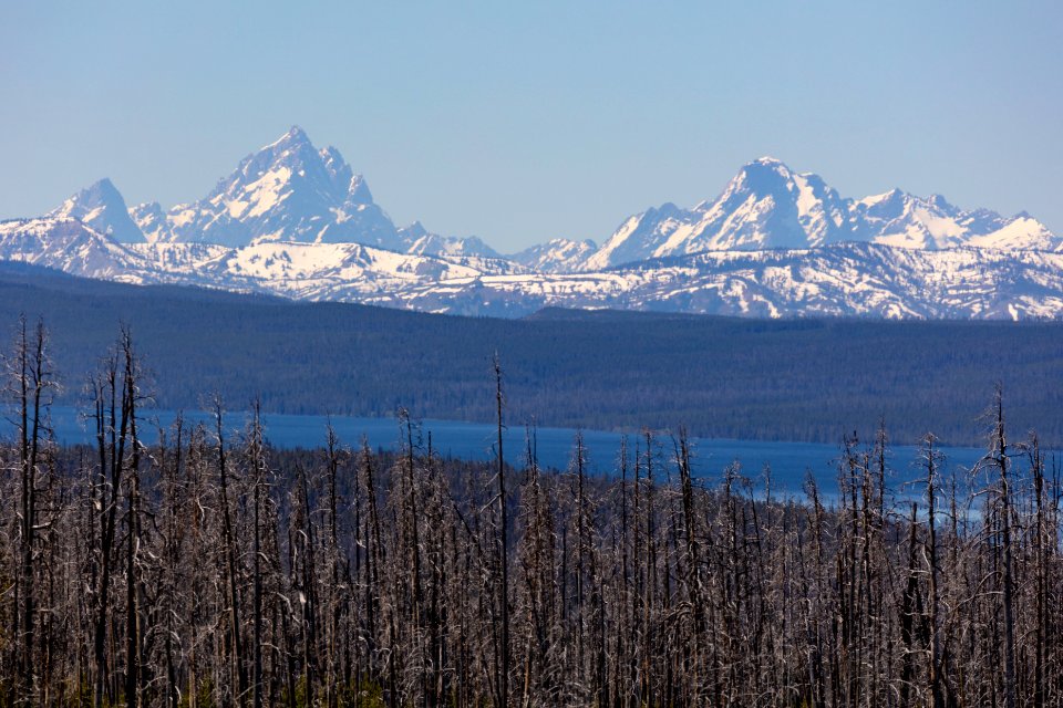 Tetons ride above Yellowstone Lake from East Entrance Road photo
