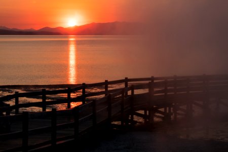 Boardwalk sunrise at West Thum Geyser Basin photo