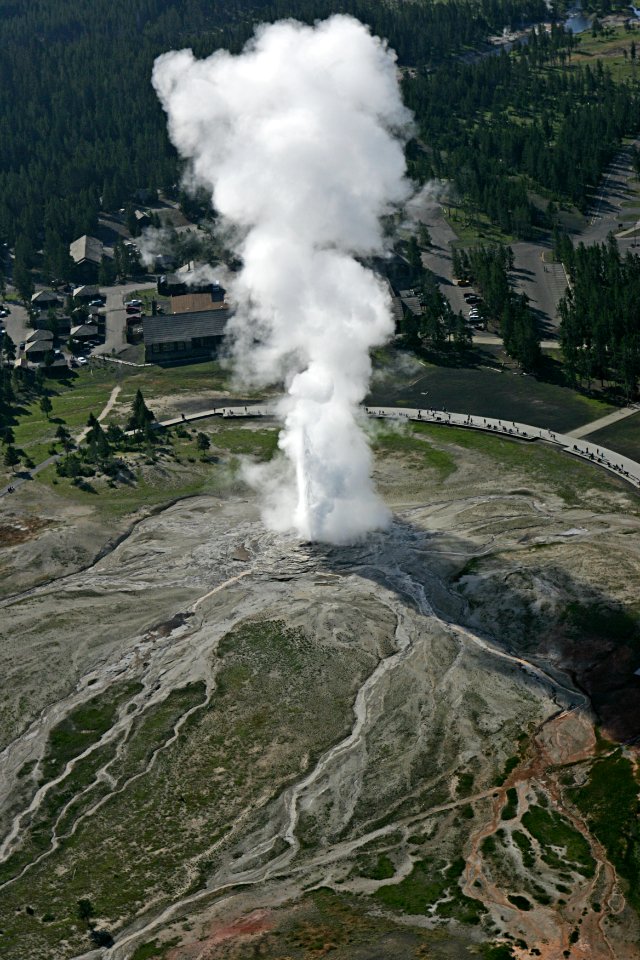 Aerial view of Old Faithful Geyser