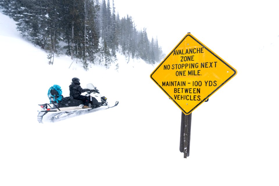 Snowmobiler riding past the avalance zone sign on Sylvan Pass
