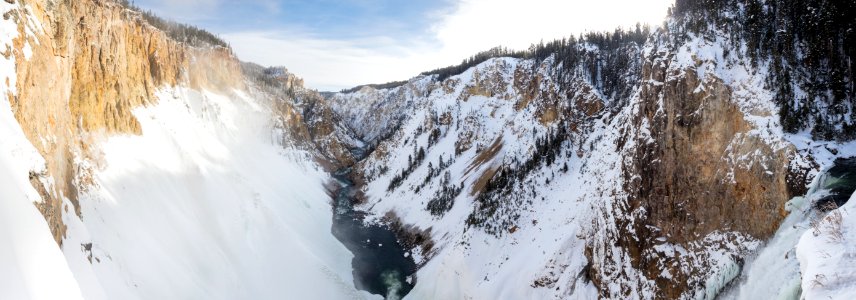 Brink of the Lower Falls after a snow storm panorama photo
