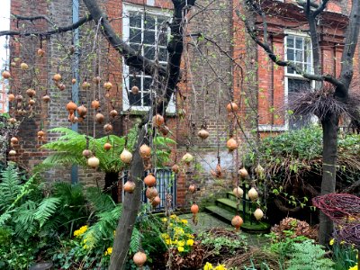 An onion tree in Victoria, London, part of a wonderful display by Jens Jakobsen built around the entrance to the historic Blewcoat School off Victoria Street.
