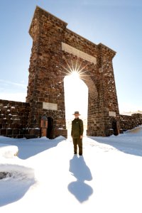 Park Ranger Lydia Faller under Roosevelt Arch