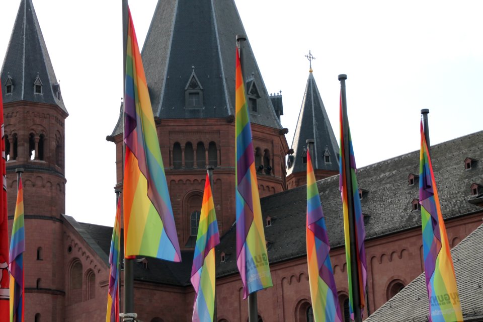 Regenbogenfahnen vor dem Mainzer Dom