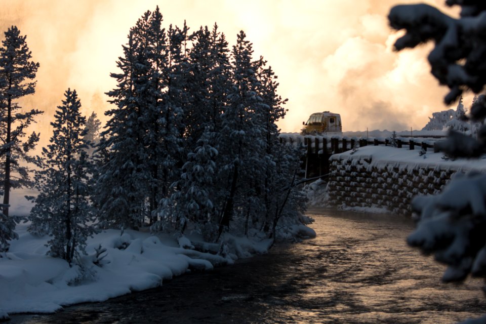 Snowcoach near Beryl Spring and the Gibbon River