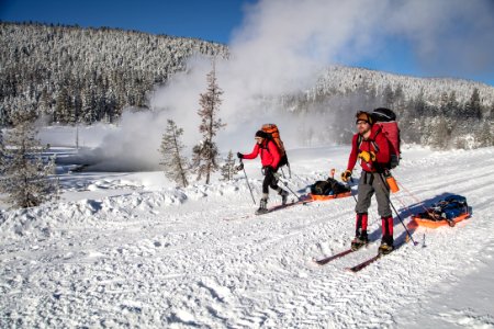 Backcountry campers ski touring near Bijah Spring