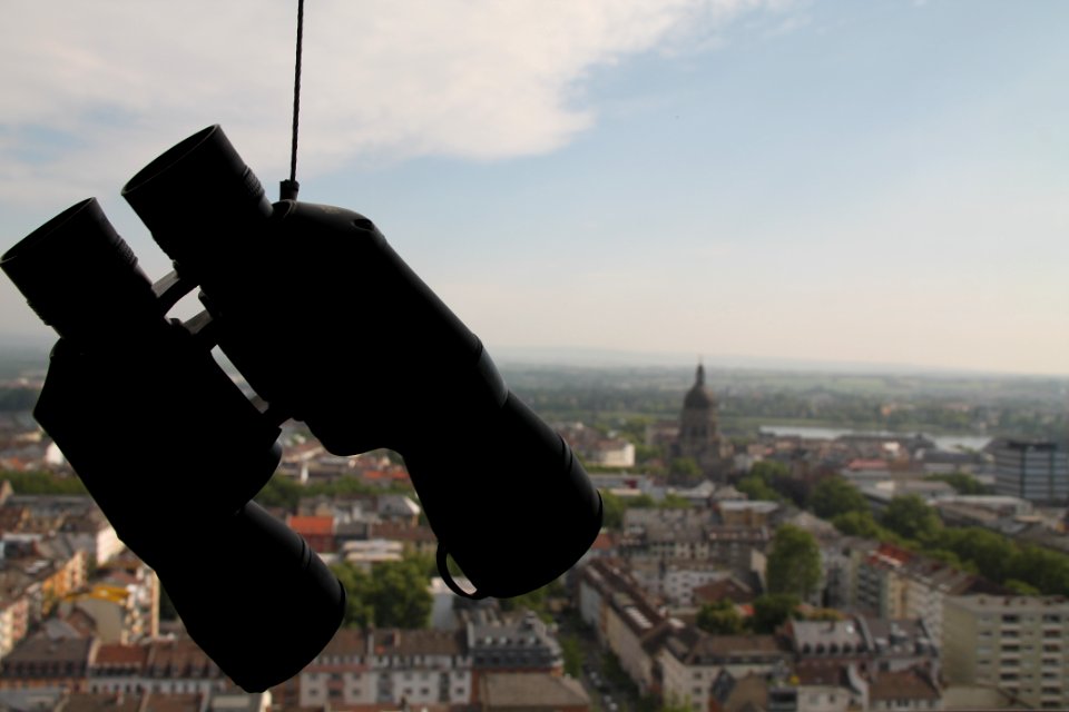 Fernglas, im Hintergrund die Mainzer Neustadt