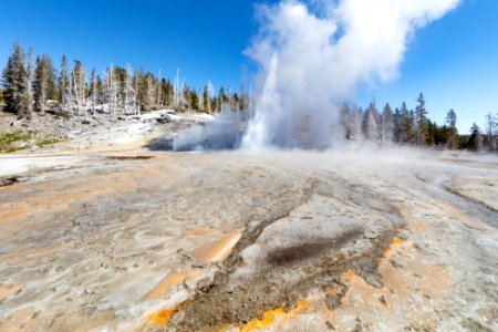 Grand Geyser eruption opening day 2018 (wide)