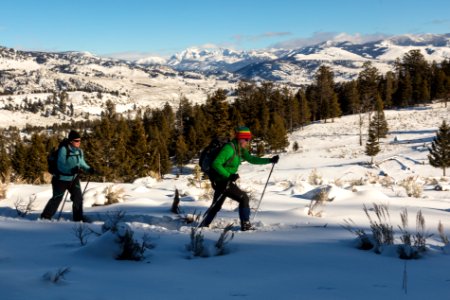 Skiers break trail on Lost Lake Trail heading to Calcite Springs