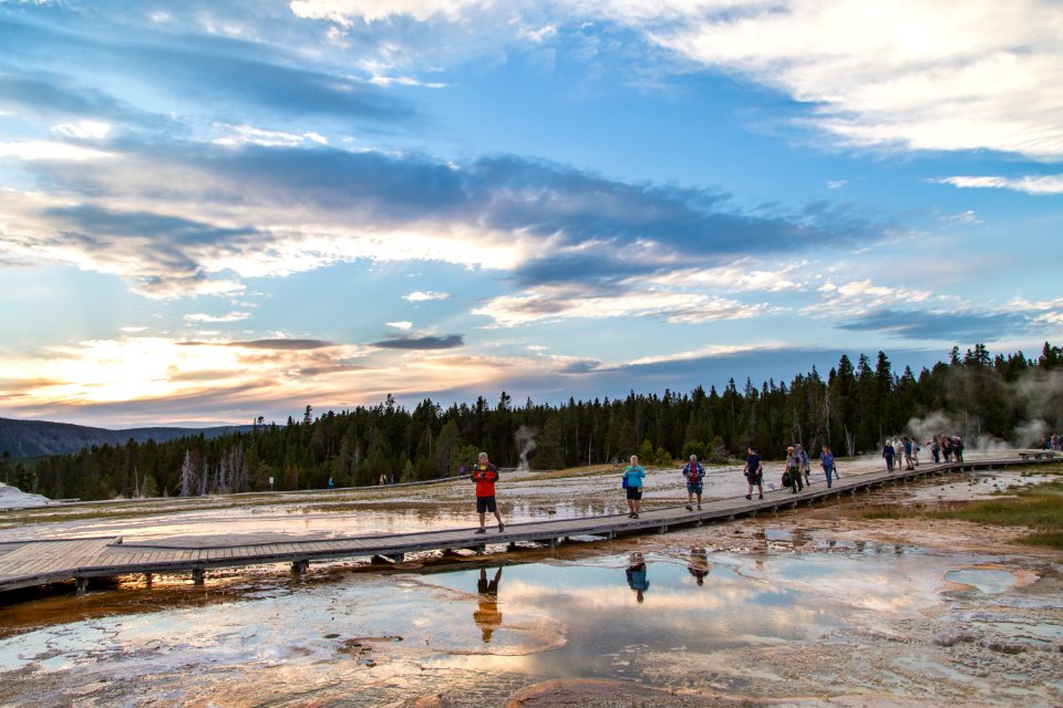 Exploring the Upper Geyser Basin at sunset