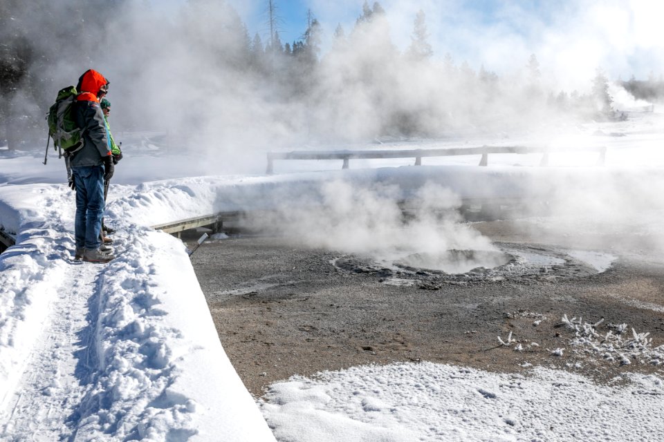 Visitors on Geyser Hill in winter