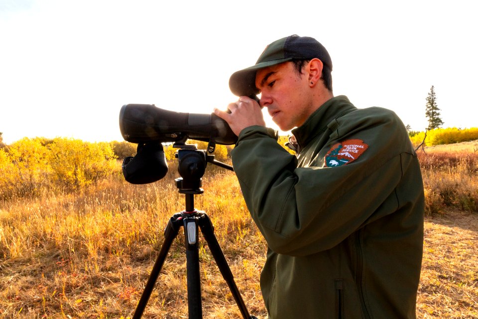 Yellowstone Bird Program (5):  Biological Science Technician Keegan Burke glasses the area