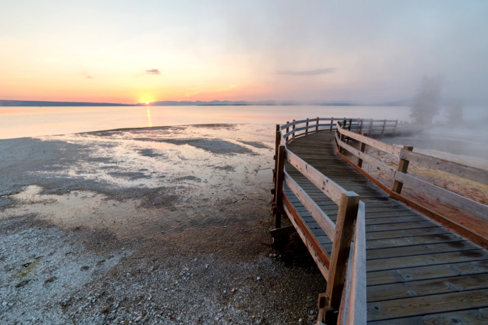 Steamy boardwalk at West Thumb Geyser Basin
