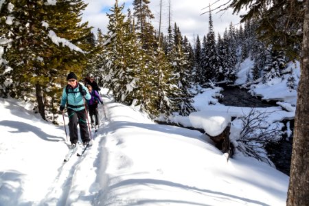 Cross-country skiers on the Mystic Falls Trail