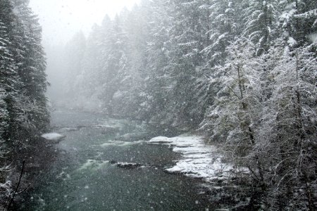 South Santiam River in snow, Oregon photo