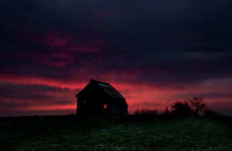 Old broken down barn and pink sunset, Willamette Valley, Oregon photo