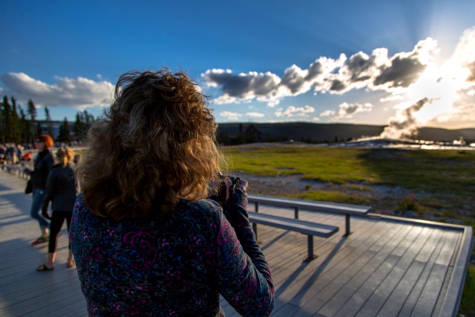 Photographing Old Faithful at Sunset