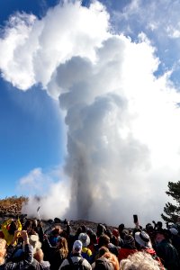 A crowd of people watch and photograph a Steamboat Geyser erupti