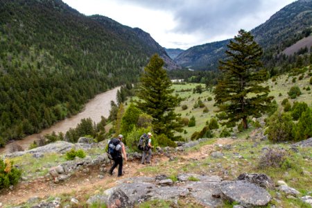 Backpackers dropping down to the river in Black Canyon of the Yellowstone