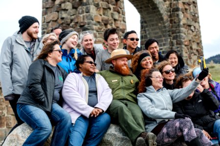 Yellowstone Pledge group photo at Roosevelt Arch