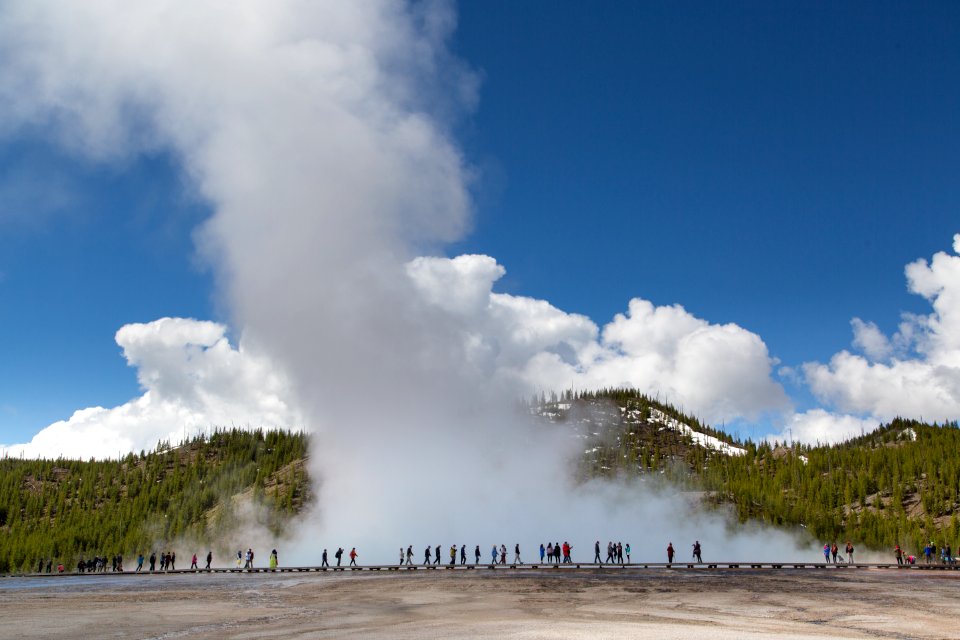 Busy boardwalks in the Midway Geyser Basin