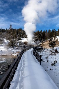 Boardwalk leading out to Dragon's Mouth Spring (portrait) photo