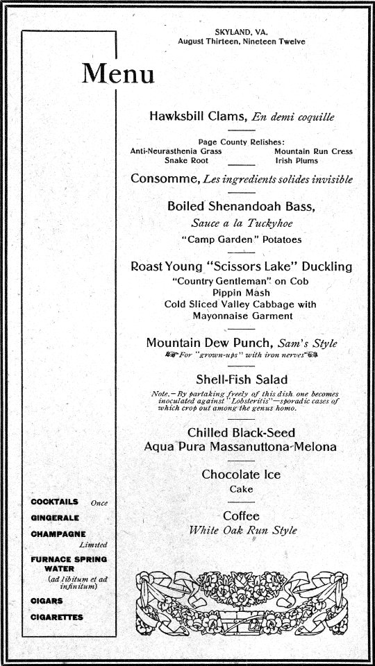 1912 menu for event at Skyland (Historic document)
