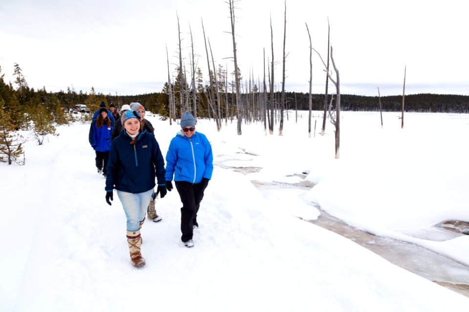Exploring the boardwalks at Fountain Paint Pots Trail in winter