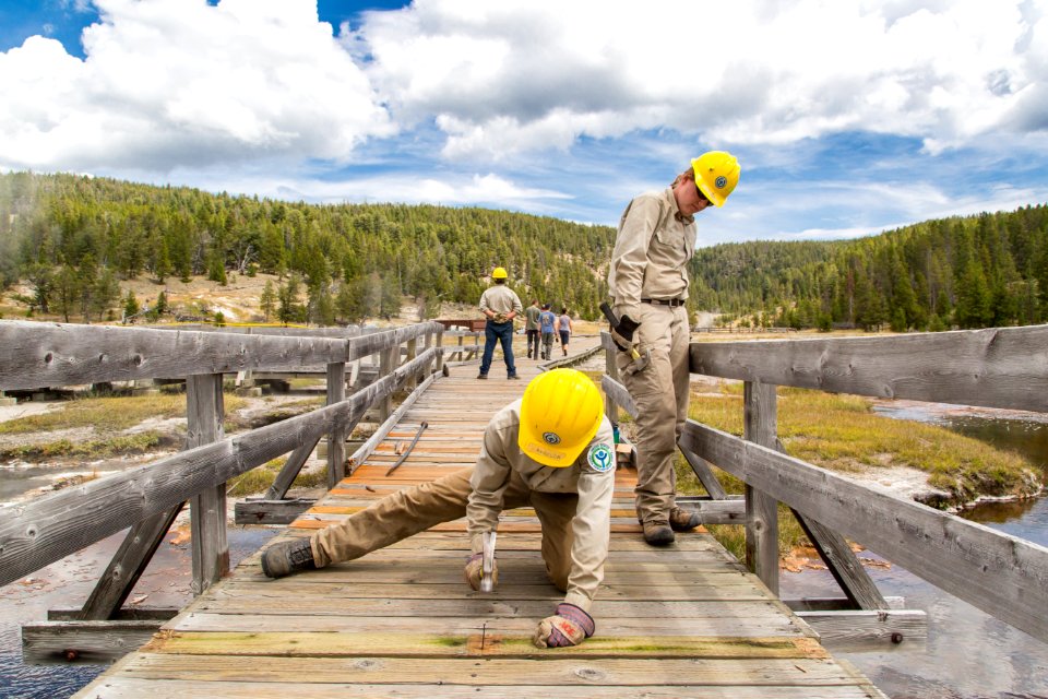 YCC crew repairing boardwalks around Firehole Lake