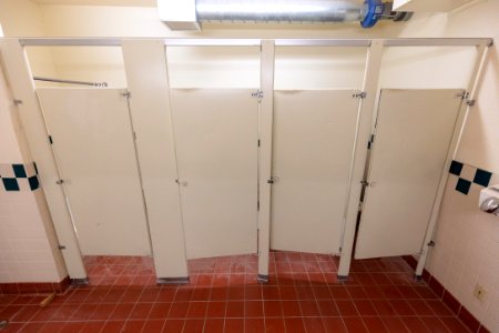 Laurel Dorm before renovation: bathroom stalls photo