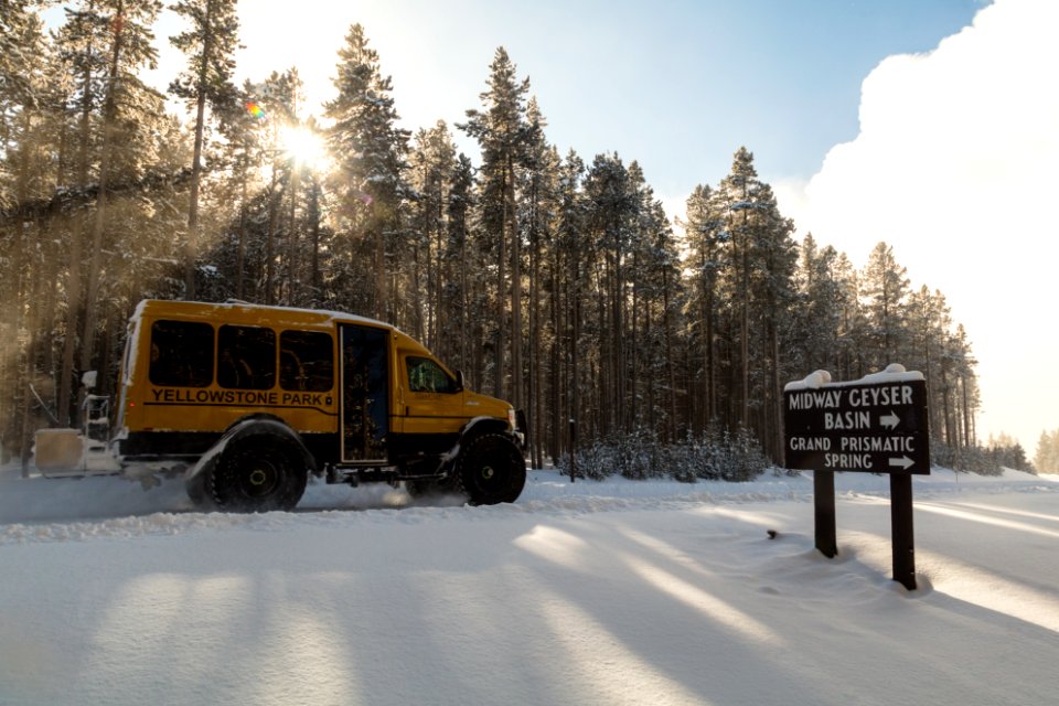 Midway Geyser Basin sign in winter