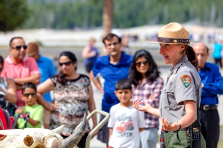 Ranger Sklyer gives a wildlife safety talk at Old Faithful Visitor Education Center