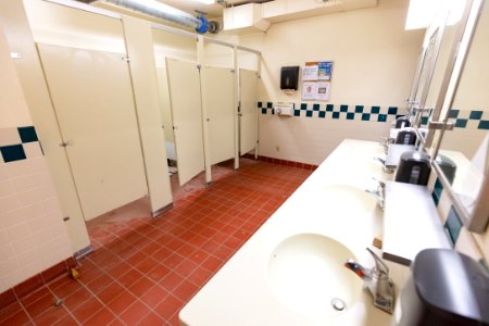 Laurel Dorm before renovation: bathroom stalls and sink photo