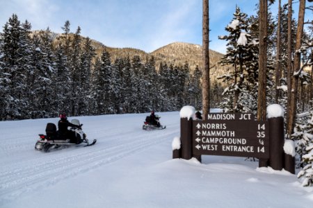 Madison Junction northbound sign in winter photo