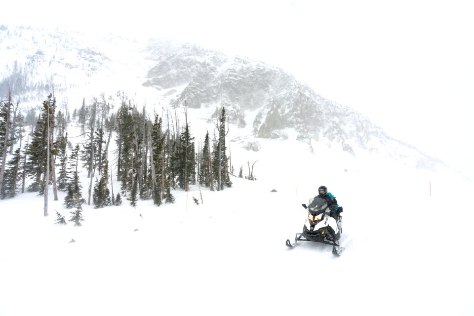 Snowmobiler riding eastbound over Sylvan Pass during a snow storm (2)