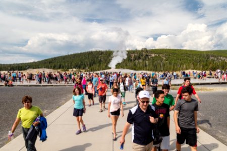 Crowds leaving after Old Faithful eruption photo