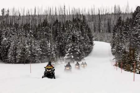 Guided snowmobile group arriving at Canyon Village (2) photo