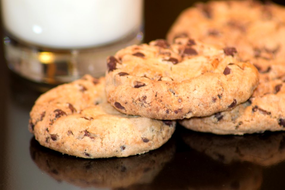 Milk and chocolate chip cookies photo