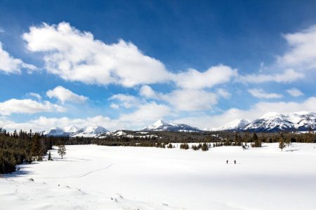 Skiers break trail in Gardners Hole (wide) photo