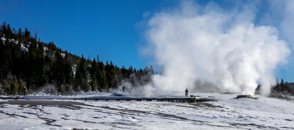 Visitors on Geyser Hill in winter